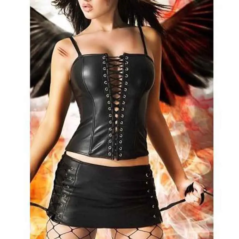 Plus Size S-XXL Black Lace Up PU Leather Corset Dress Bustier Overbust Sexy Lingerie Sets Women Corselet Tops and Mini Skirt