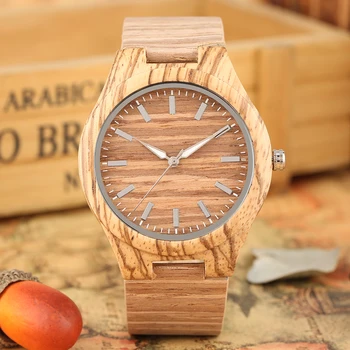 

Men Wooden Quartz Watch Men Zebra Wood Grain PU Leather Watchband Full Bamboo Watch Clock Watch Gifts For Men Reloj Hombre
