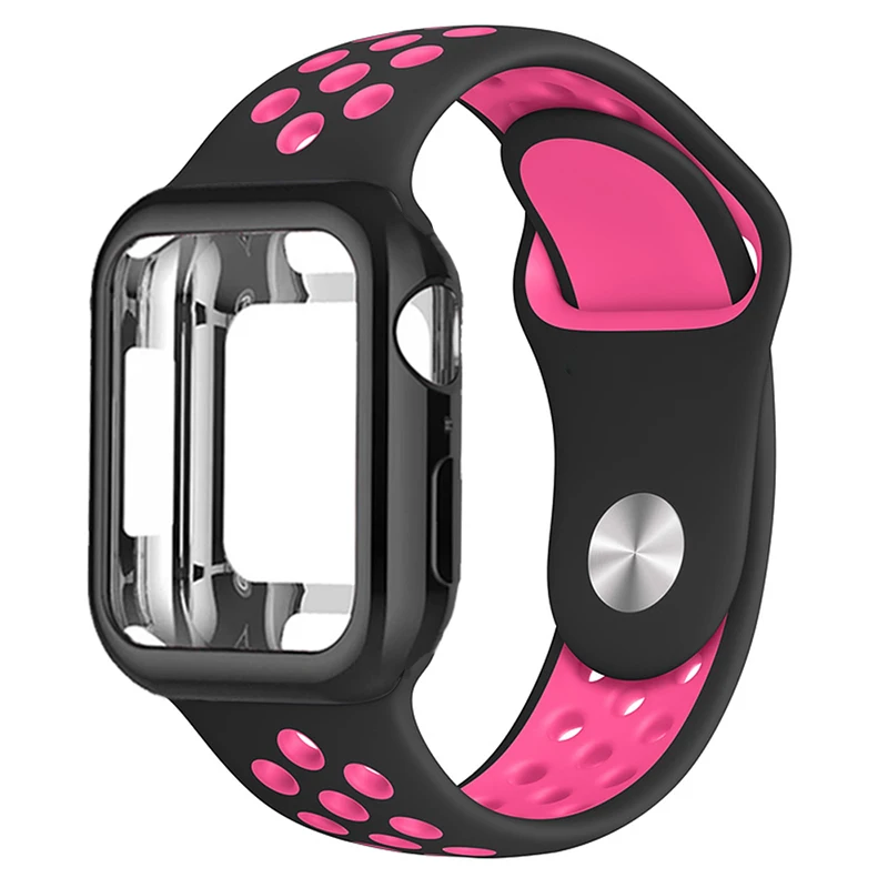 Силиконовый спортивный ремешок+ чехол для apple watch 5 4 3 2 1 серия 38 мм 42 мм ремешок для iwatch 40 мм 44 мм браслет аксессуары для запястья - Цвет ремешка: Black bright pink