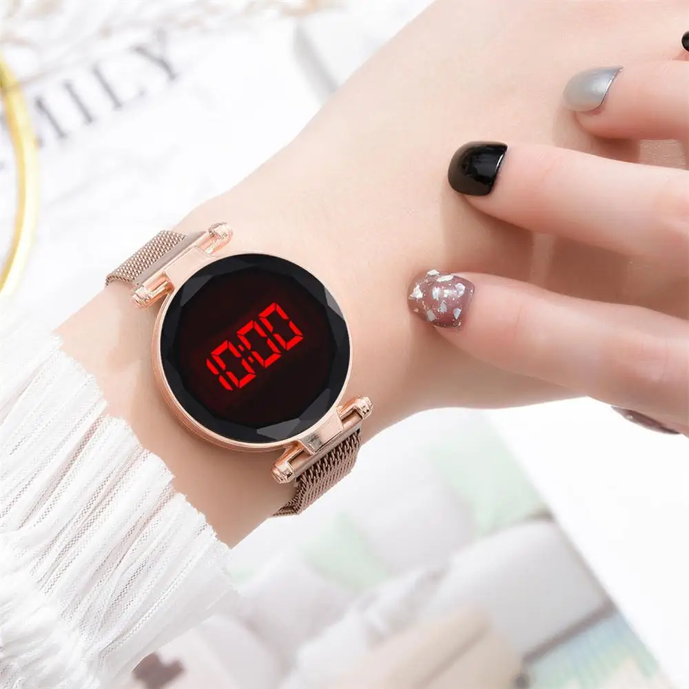 

Fashion Magnetic Women Watches Rose Gold Stainless Steel Mesh Strap Ladies Led Electronic Wristwatches Minimalist Female Clock