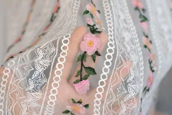 

5 yards Off White Heavy Embroidered Floral ,Pink Flowers Lace Fabric Dress Lace Fabric Mixed Colors Deluxe Embroidery Fabric