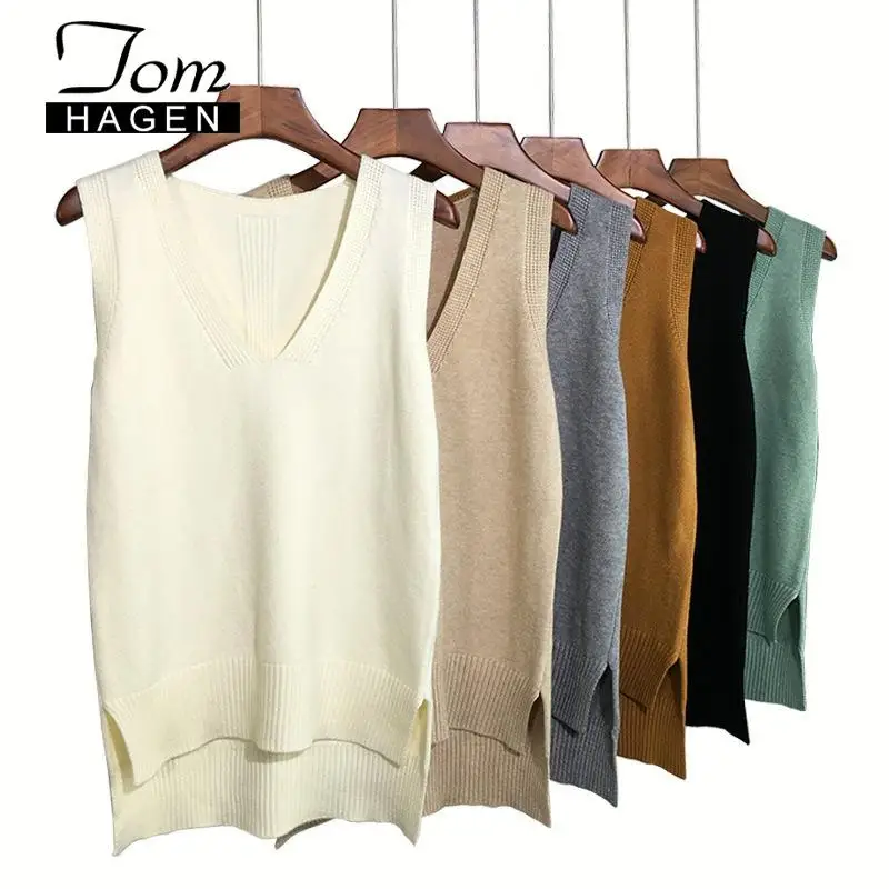 Autumn Women Sweater Waistcoat 2022 Korean Womens Elegant Student V-neck Pullover Knitting Tops Outerwear Vest Pink Black Blue | Женская