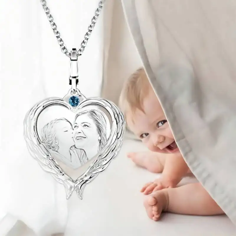 Amxiu Personalized Gift Custom 925 Silver Heart Pendant Necklace Engrave Family Photo Necklace For Woman Mother's Party Jewelry