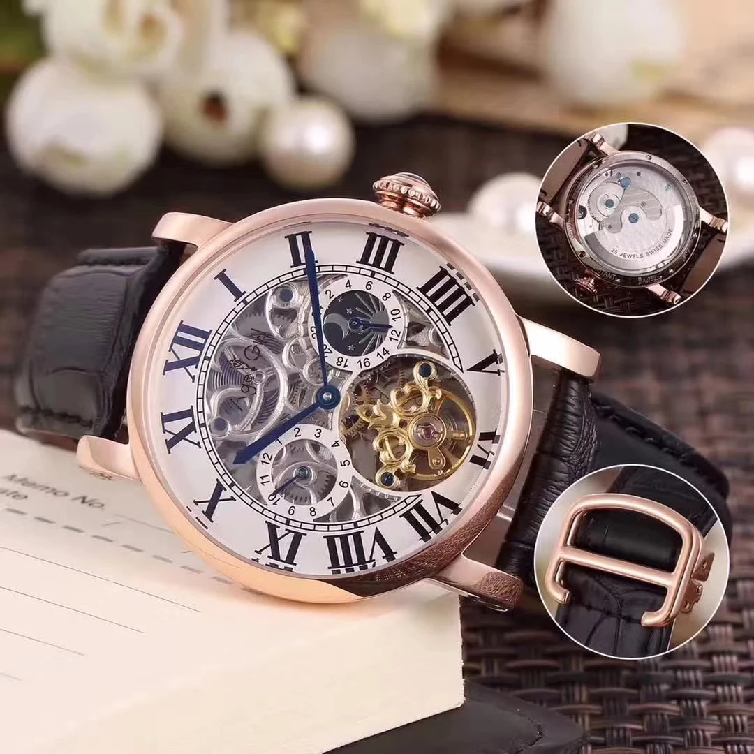 

Luxury Brand New Men Automatic Mechanical Watch Rose Gold Diamond Black Leather Tourbillon MoonPhase Dual Time Skeleton Sapphire