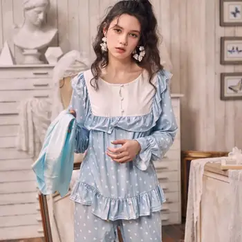 

Autumn Winter New Product Lace Ruffled Home Service Thin Round Neck Long Sleeve Solid Color Pajamas + Casual Long Pants Suit