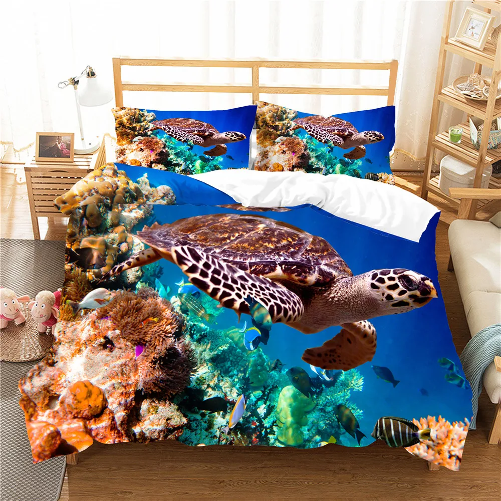 

Double Bedspread 3D Underwater Turtle Printed Home Textiles with Pillowcases Bedding Clothes Queen Couple Single Size for Kids