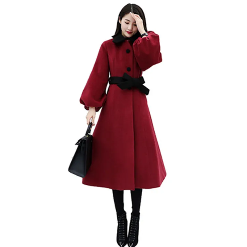 

New Women Autumn Winter Coat Fashion Wool blend Solid Woolen Jacket Slim Long Outerwear Women Red wine black Hepburn WoolenG1153