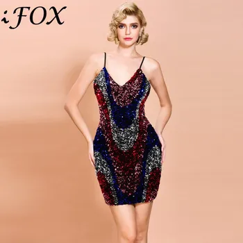 

Fashion V Neck Sleeveless Sequined Colorful Women Dresses Elegant Female Spaghetti Strap Open Back Mini Bodycon Dress