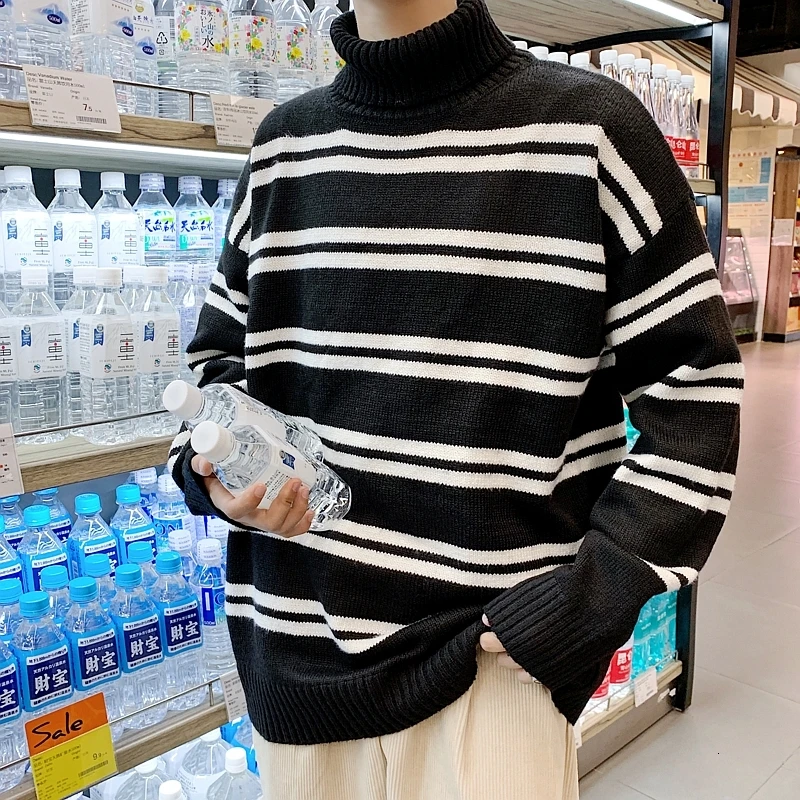 

UYUK Autumn And Winter Loose Casual Trend High Collar College Wind Stripe Stitching Knit Sweater Hombre Clothes Man