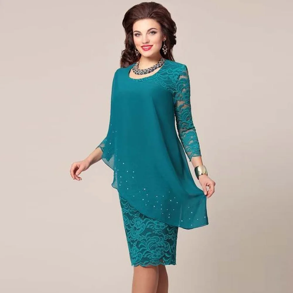 Сексуальное платье миди размера плюс 4XL 5XL, Осень-зима, модное кружевное Свободное платье, элегантное вечернее платье - Цвет: Green