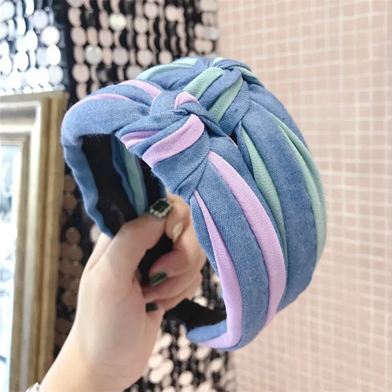 

Fashion hair accessories women's denim fabric contrast color stripes knotted thin side headband headband girl hair band headwear
