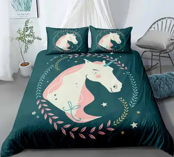 

Cartoon Unicorn Wreath Bedding Set Bedroom Decor Doona Green Background Kids Gift Hypoallergenic 1PC Duvet Cover with Pillowcase