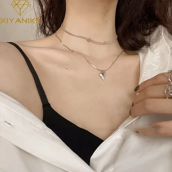 

XIYANIKE 925 Sterling Silver Love Hollow Five-pointed Star Double Necklace Simple Clavicle Chain Short Fashion Jewelry