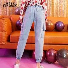 ELFSACK качественные синие потертые прямые Повседневное штаны-шаровары джинсы для женщин женские Осень Новая мода карман свободные женские офисные базовые штаны для ежедневной носки