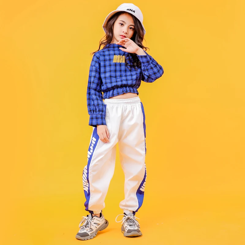 Blue Girls Boys Hip Hop Hoodies Dance Clothes for Kids Jazz Dancing Costumes SweaterShirt Ballroom Crop Tops Plaid Jogger Pants (7)