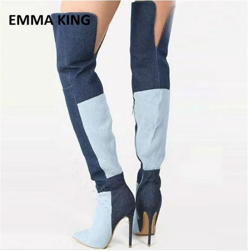 Details about   Womens Zipper Denim Patchwork Boots Stiletto Heel Over Knee Heels New Zhq01 