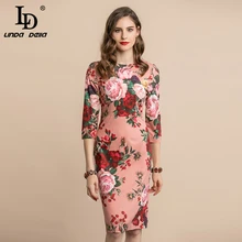 LD LINDA делла модное подиумное летнее женское платье с 3/4 рукавом, Осеннее винтажное элегантное розовое приталенное платье-карандаш миди с цветочным принтом