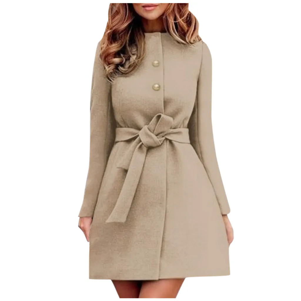 

Elegant Women Blend Coat Winter Solid Button Sashes Wool Coat Trench Fashion Soft Female Plus Size Long Overcoat Outwear #YJ2