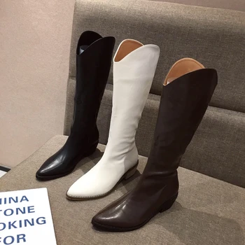 

Leather Half Boots Woman Square Heels Zip Mid-calf Boot Ladies Vintage Pointed Toe Western Boots Fashion Shoes Zapatos De Mujer