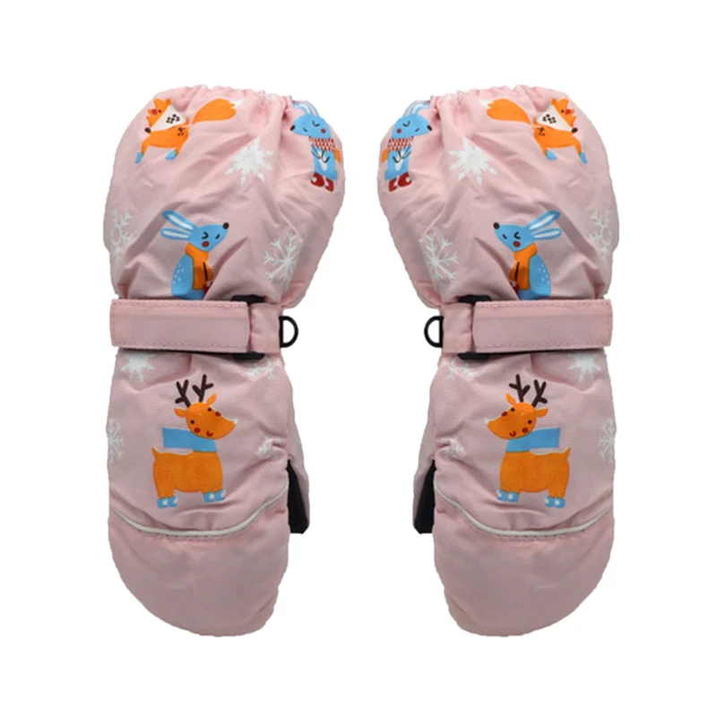Thicken Kids Ski Gloves Winter Waterproof Child Snow Gloves Printed Non-slip Child Mittens Windproof Warm Extended Wrist Gloves - Color: pink
