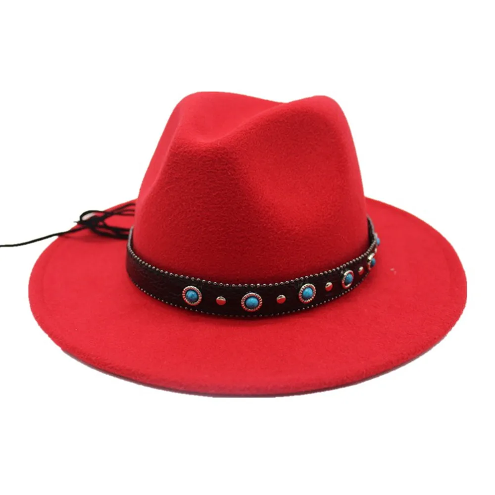 Red Винтажная аутентичная Шляпа Fedora для мужчин и женщин с поясом в стиле панк зимняя Уличная Повседневная шляпа широкая шляпа размер 56-58 см - Цвет: Red