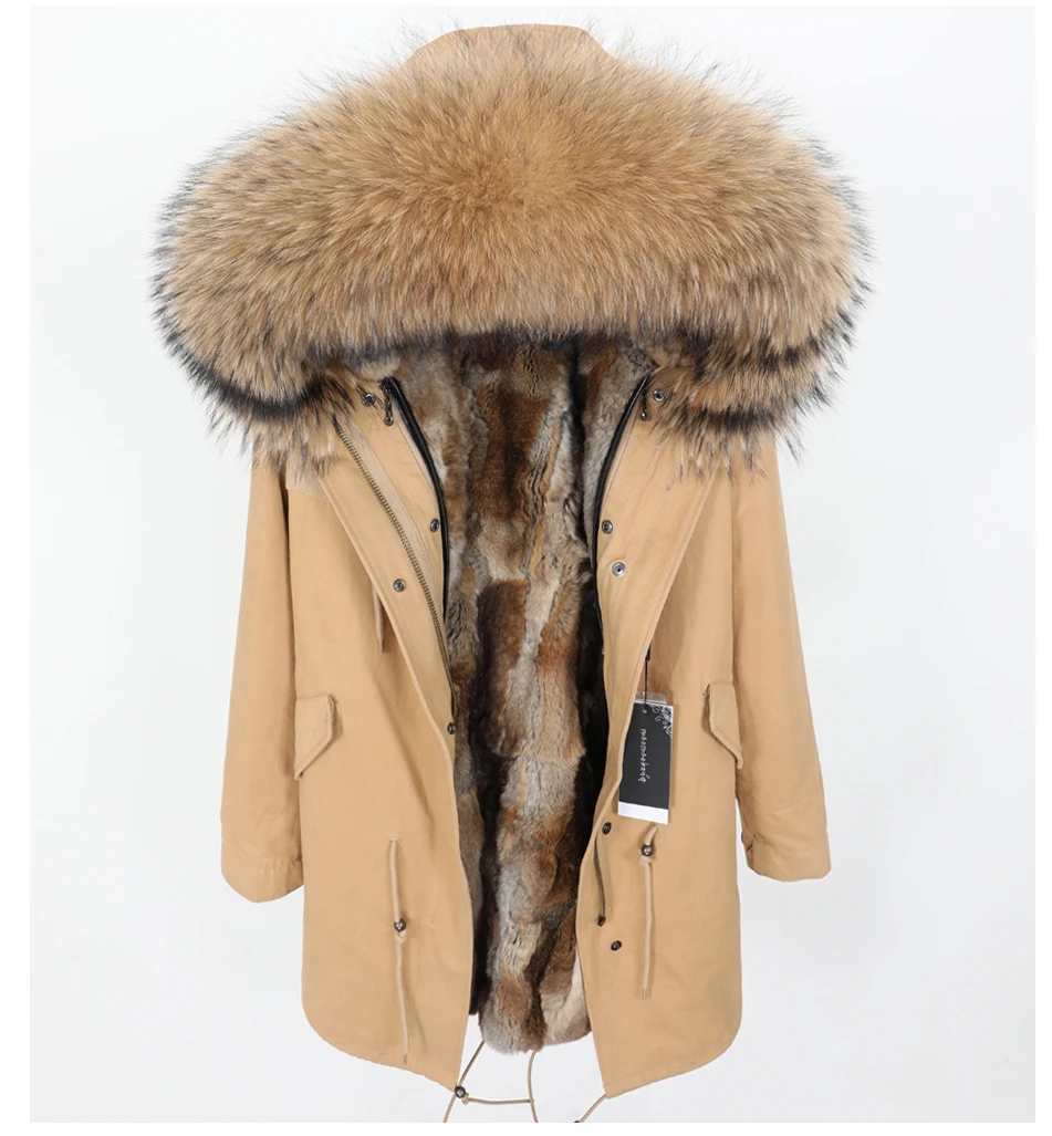 Модная женская одежда, куртка с капюшоном и большим воротником из меха енота, пальто, съемная подкладка из кроличьего меха, зимняя парка, плотное пальто из натурального меха