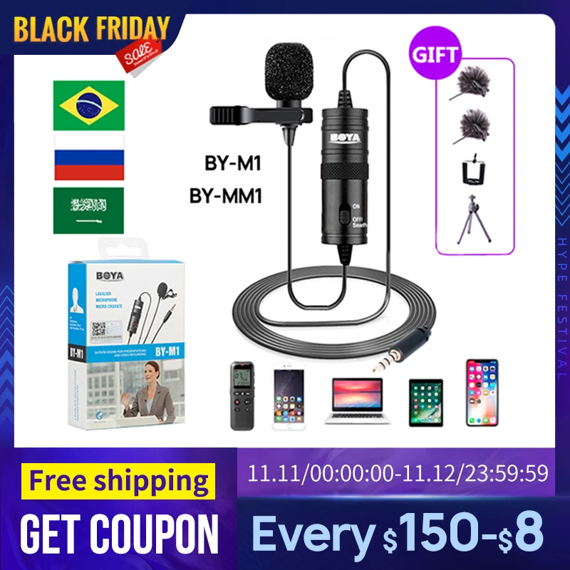 Microphone BOYA BY-M1 MM1 M1DM Collar Condenser Lapel Studio Mic 6m Lavalier Mini Lightning convert for YouTube Vlog Cam | Электроника