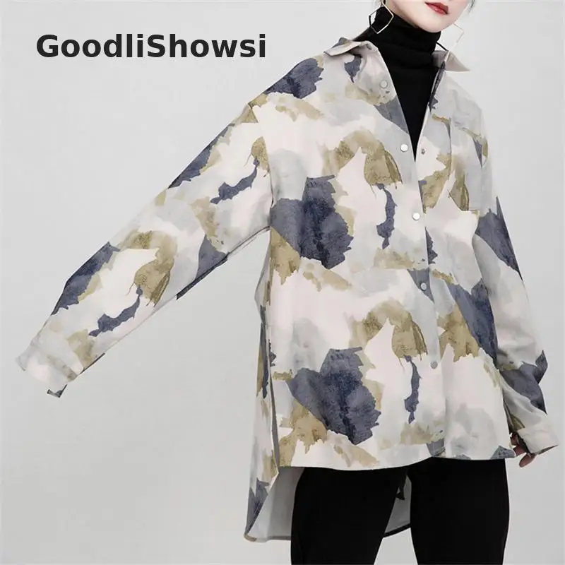 GoodliShowsi, Новое поступление, уличные, шикарные, женские, ассиметричные рубашки, Ретро стиль, с принтом брызг чернил, с отложным воротником, свободные, термо рубашки