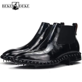 

Designer Brand Chelsea Boots Men Rivet Pointed Toe Punk Genuine Leather Cowhide Ankle Shoes High Quality Black Dress Boots 34-45