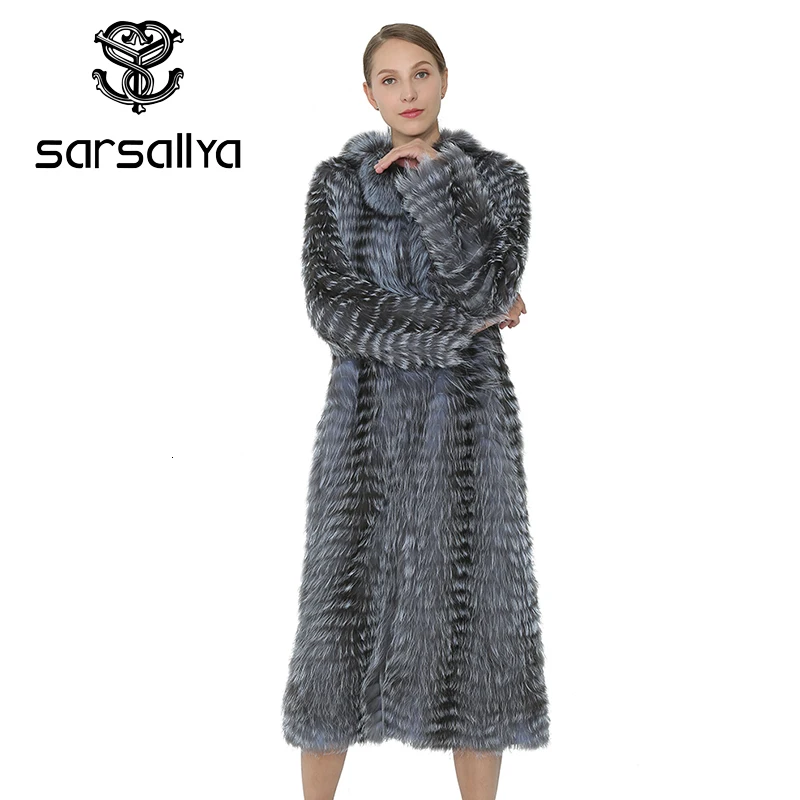 SARSALLYA длинные натурального меха лисы зимнее пальто Настоящее Silver Fox жилет женская