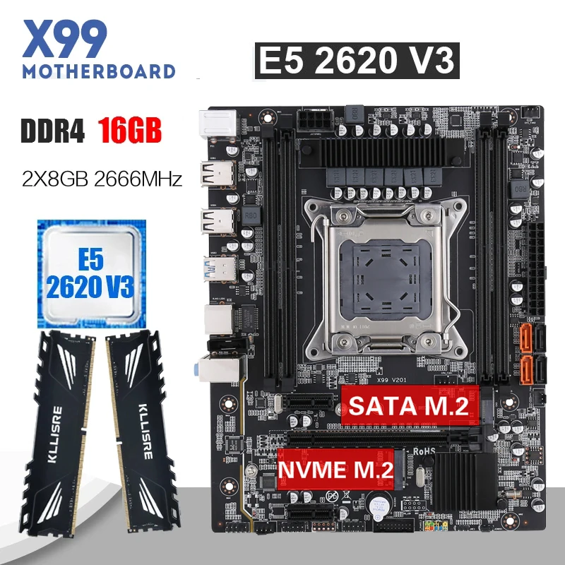 Материнская плата Kllisre X99 в комплекте с процессором Intel Xeon E5 2620 V3 и памятью DDR4 2011