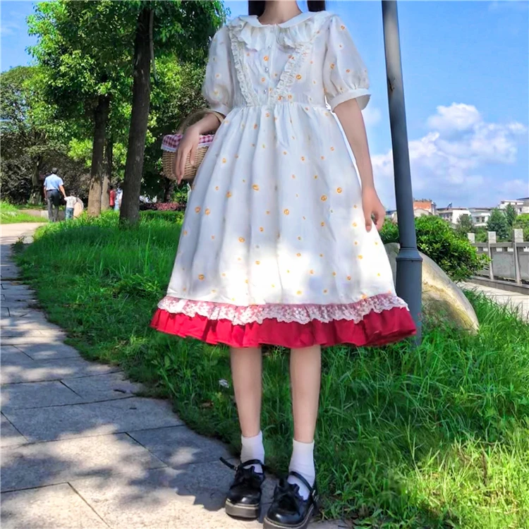 Japanese Lolita Style Sweet Soft Girl Dress Peter Pan Collar Cute Lace Splice Puff Sleeve Dresses Kawaii Ruffles Floral Dress