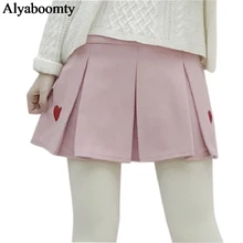 Японский стиль Лолиты осень зима Женская мини юбка с высокой талией бежевый черный розовый Jupe Femme сердце вышивка шерсть плиссированные юбки