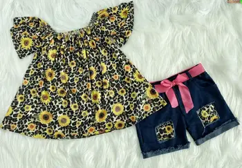 

Summer Children Toddler Kids Clothes Set Little Baby Girls sun flower fabric ruffle jeans shorts Outfit Clothing Set