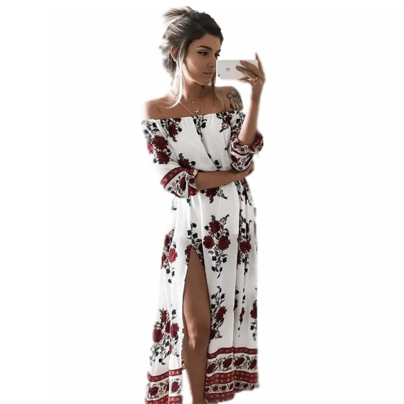 

Women Sexy Off Shoulder Half Sleeve Floral Print Maxi Boho Long Dress Beach Cocktail Party Dress Womens Slash Neck Long Dresses