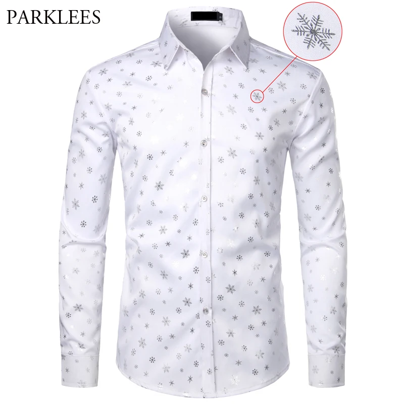 White Mens Christmas Shirt Snowflake Print Chemise Homme Camisa Social