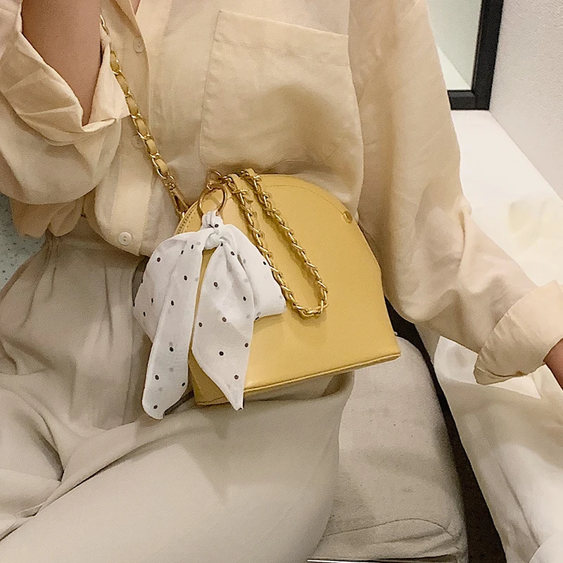 New Fashion Shell Bag With Silk Ribbon Chain Shoulder Bag Solid Color Handbags Women Small Crossbody Bags
