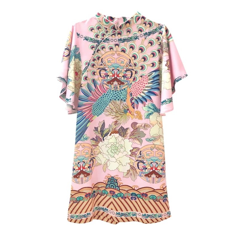 

PERHAPS U pink vintage print mandarin collar ruffle sleeve short sleeve a-line mini dress zipper summer D1895