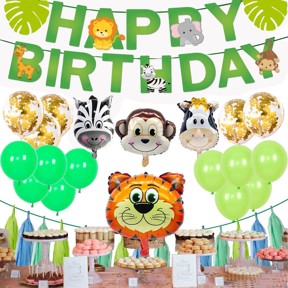 Decoration De Fete D Anniversaire Theme Animaux De La Jungle Theme De Jeu Safari A Partir De Zero Bain Pour Bebe Drapeau Tirer Fleur Aliexpress