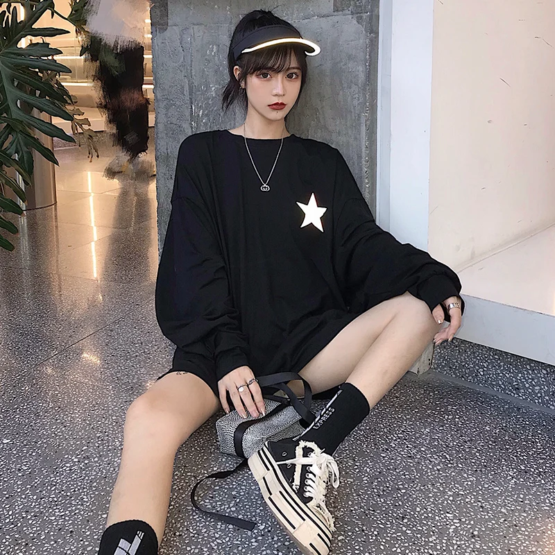 Женские футболки, топы, японские Kawaii, для девушек, Ulzzang, с принтом, светоотражающие, с длинным рукавом, футболка, женская, Harajuku, одежда для женщин