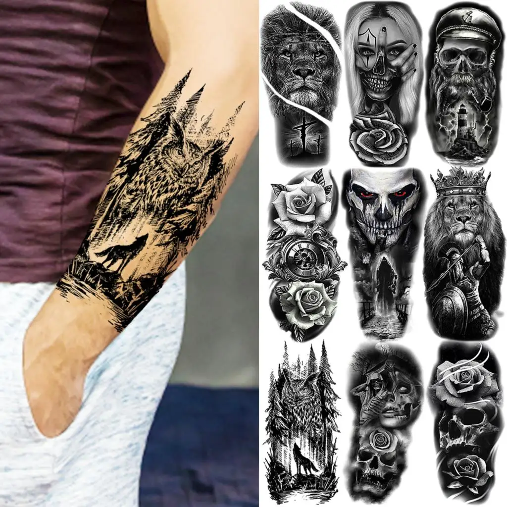 Owl Forest Wolf Temporary Tattoos For Men Boys Realistic Lion Pirate Scary  Knight Fake Tattoo Sticker Arm Body Tatoos Waterproof - Temporary Tattoos -  AliExpress
