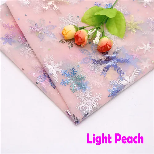 150cmx100cm Colorful Snowflake Soft Tulle Fabric Princess Dress Glitter Fabric New Year Organza Printed Bronzing Fabric Light peach