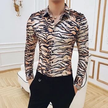 

Animal Print Long Sleeve Shirt Men Camisa Social Velvet Keep Warm Personality Masculina Manga Longa Chemise Homme Manche Longue
