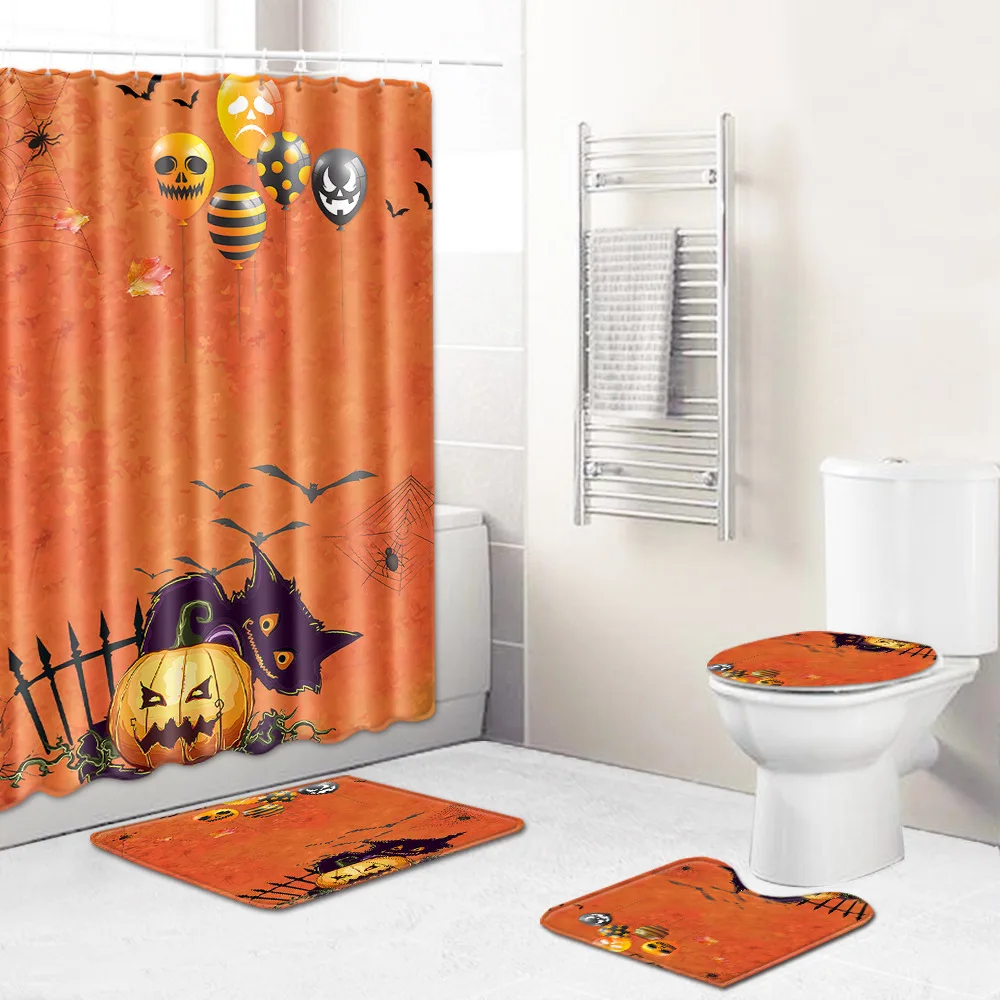 

WUJIE Holloween Pumpkin Print Waterproof Shower Curtain Sets Non-Slip Rug 4PCS Bathroom Toliet Cover Mat Set Home Decoration