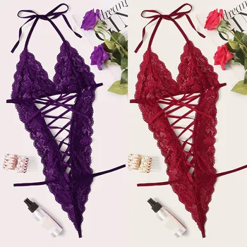 

New Women Lace Jumpsuit Deep V Halter Four seasons Lingerie Teddy One Piece Bodysuit Lace Bandage Underwear Erotic Body Suit