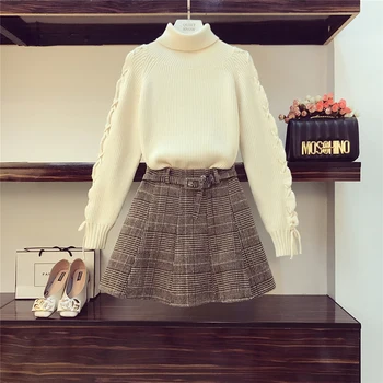

Winter Women Slim Casual Knitted Sweater Plaid Skirt Two-piece Suit