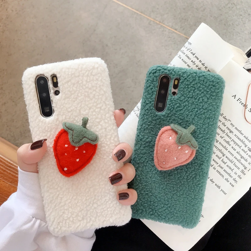 Пушистый Плюшевый чехол с клубничкой для iPhone 11 Pro Max X XR XS MAX чехол из мягкого ТПУ противоударный чехол для iPhone 7 8 6 6S Plus Coque