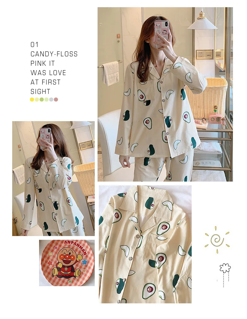 CAIYIER Autumn Winter New Sleepwear Set Women Turn-down Collar Pajamas Cute Cartoon Pattern Button Top+Pants Leisure Home Wear