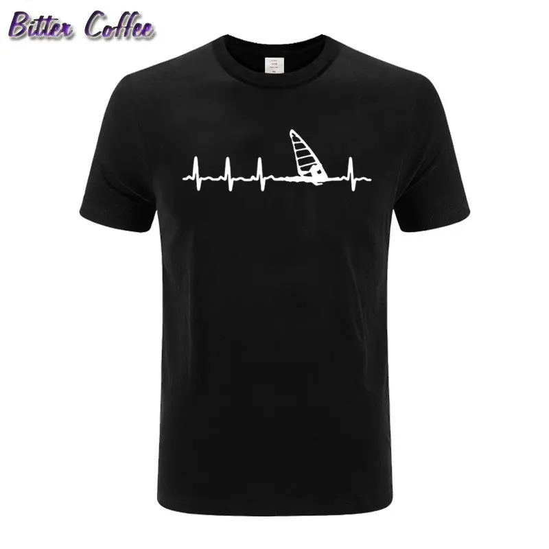 Модная летняя новая Мужская хлопковая футболка Windsurfing Heartbeat T Stylisches Футболка с принтом