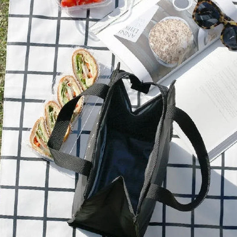 Простая полосатая Сумка для пикника на каждый день, переносная сумка для обеда с изоляцией, ручная сумка черного цвета